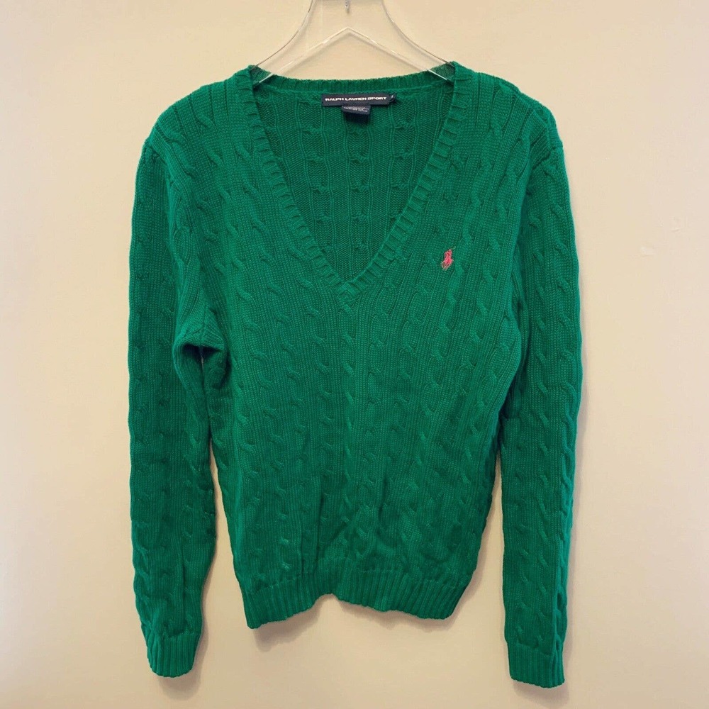 CLEARANCE-Ralph Lauren Green Cotton Cable Knit VNeck Sweater XL-Fits like L